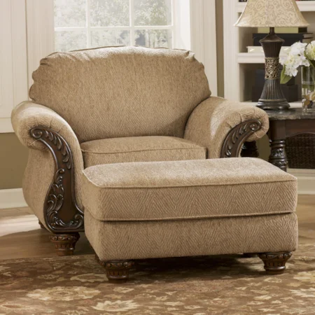 Traditional Chair & Ottoman with Carved Wood Accents