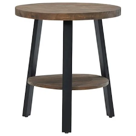 Metal/Solid Pine Wood Round End Table with Shelf