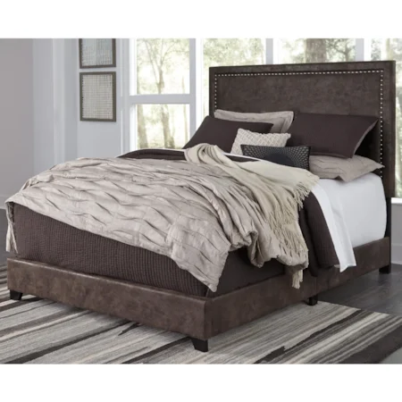 Queen Upholstered Faux Leather Bed with Goldtone Nailhead Trim