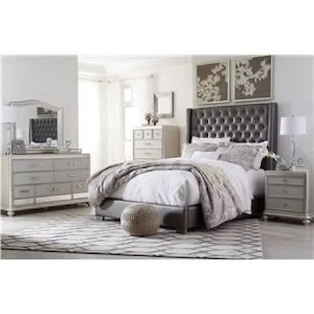 5 Piece Queen Upholstered Bed, Nightstand and 5 Drawer Chest Set