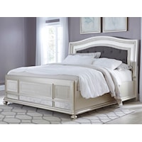 King Panel Bed with Arched Upholstered Headboard and Silver Finish Frame