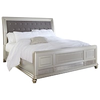 King Bed with Upholstered Sleigh Headboard and Silver Finish Frame