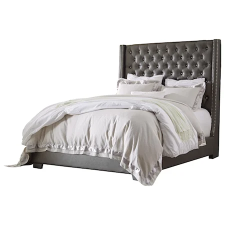 Queen Upholstered Bed with Tall Headboard with Faux Crystal Tufting