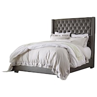 California King Upholstered Bed with Tall Headboard with Faux Crystal Tufting