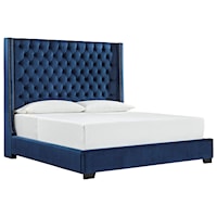 California King Upholstered Bed with Blue Velvet Tufted Headboard