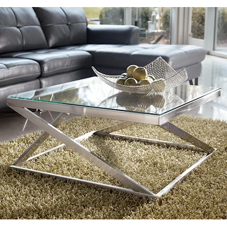 Brushed Metal Square Cocktail Table with Clear Tempered Glass Top