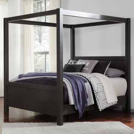 Contemporary Queen Canopy Bed in Dark Charcoal Finish