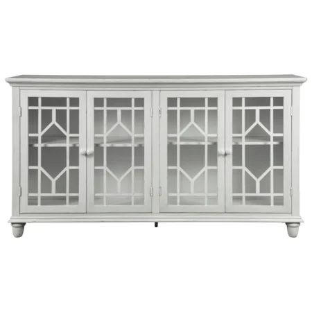 Antique White Finish Accent Cabinet with Lattice Glass Doors