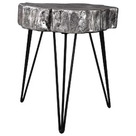 Antique Silver Finish Wood Stump Style Accent Table with Hairpin Legs