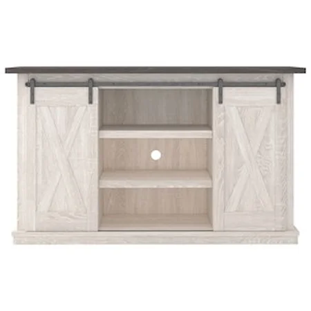 Farmhouse Medium TV Stand with Barn Door Hardware - KD IN A BOX. ASSEMBLY REQUIRED. 