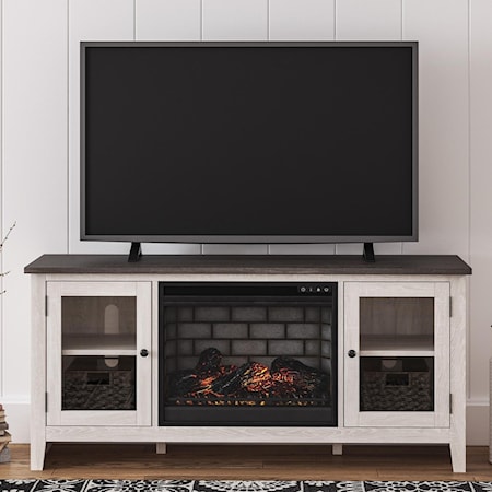 Two-Tone Large TV Stand w/ Fireplace Insert and Glass Doors