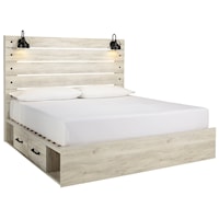 Rustic King Storage Bed with 2 Drawers & Industrial Lights