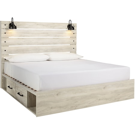 Rustic King Storage Bed with 2 Drawers & Industrial Lights