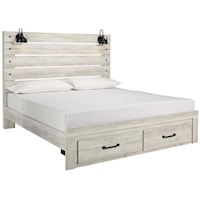 Rustic King Panel Bed w/ Lights & Footboard Drawers