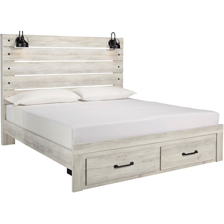 Rustic King Panel Bed w/ Lights & Footboard Drawers