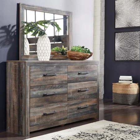 Rustic 6-Drawer Dresser and Mirror Set with Metal Hardware