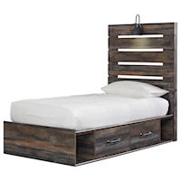 Rustic Twin Storage Bed with 2 Drawers & Industrial Light