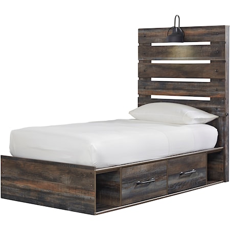 Rustic Twin Storage Bed with 2 Drawers & Industrial Light