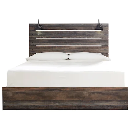 Rustic King Panel Bed with Industrial Lights