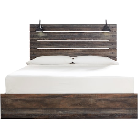 Rustic King Panel Bed with Industrial Lights