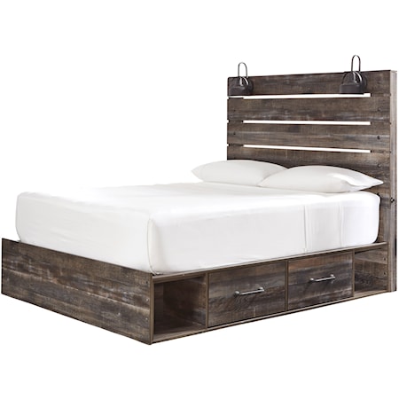 Rustic Queen Storage Bed with 2 Drawers & Industrial Lights