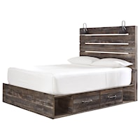Rustic Queen Storage Bed with 4 Drawers & Industrial Lights