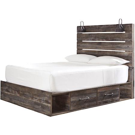 Rustic Queen Storage Bed with 4 Drawers & Industrial Lights