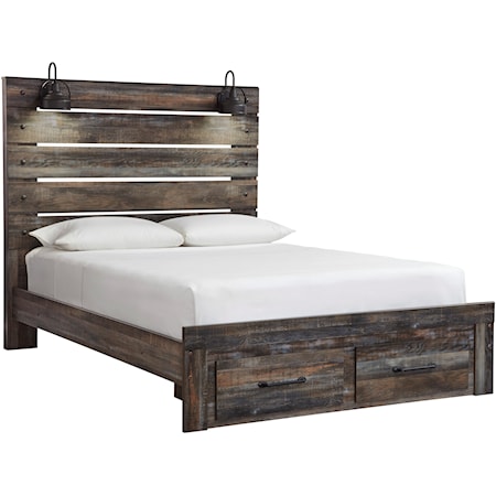 Rustic Queen Panel Bed w/ Lights & Footboard Drawers