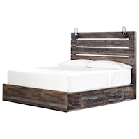 Rustic King Storage Bed with 4 Drawers & Industrial Lights