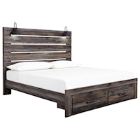 Rustic King Panel Bed w/ Lights & Footboard Drawers