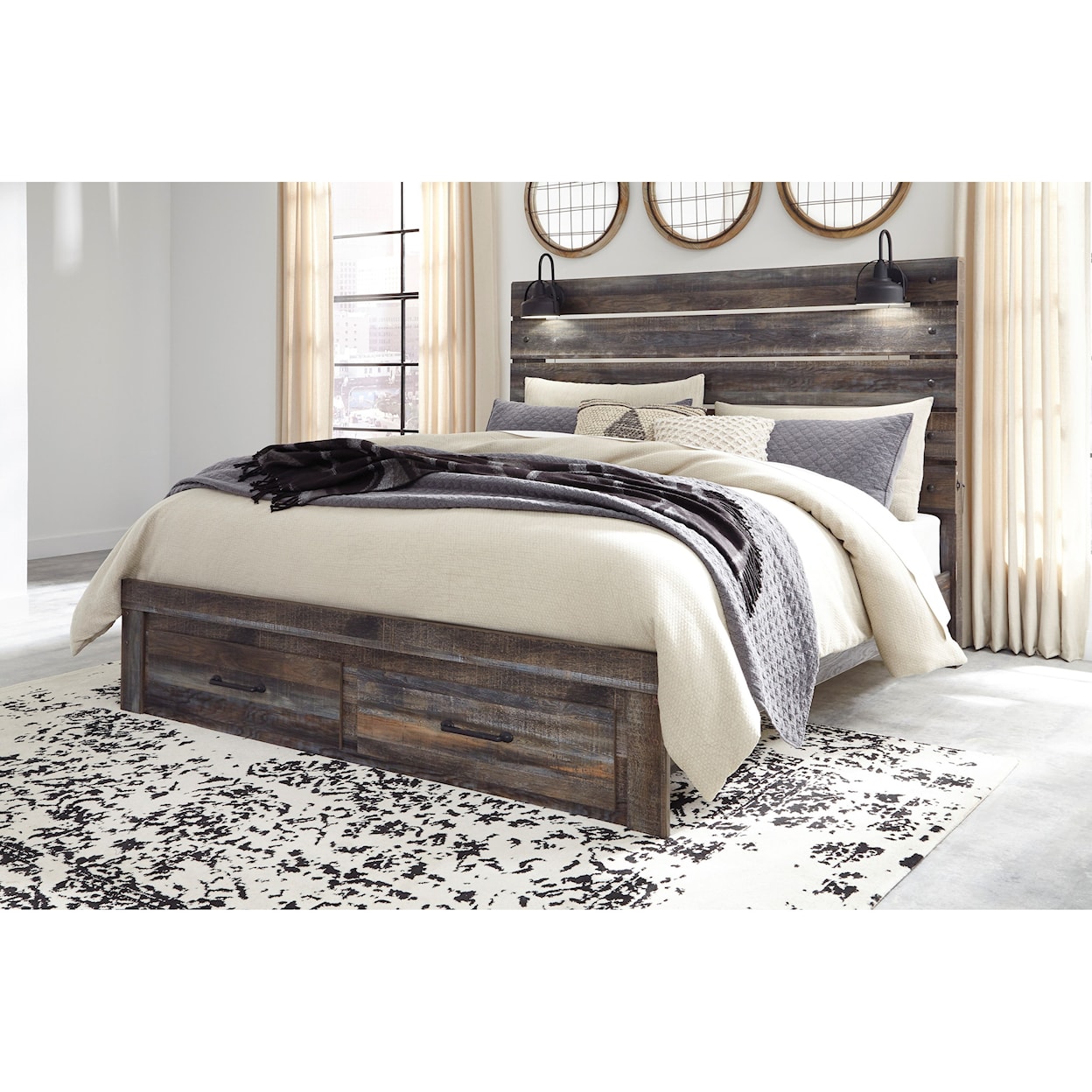 Ashley Signature Design Drystan King Bed w/ Lights & Footboard Drawers