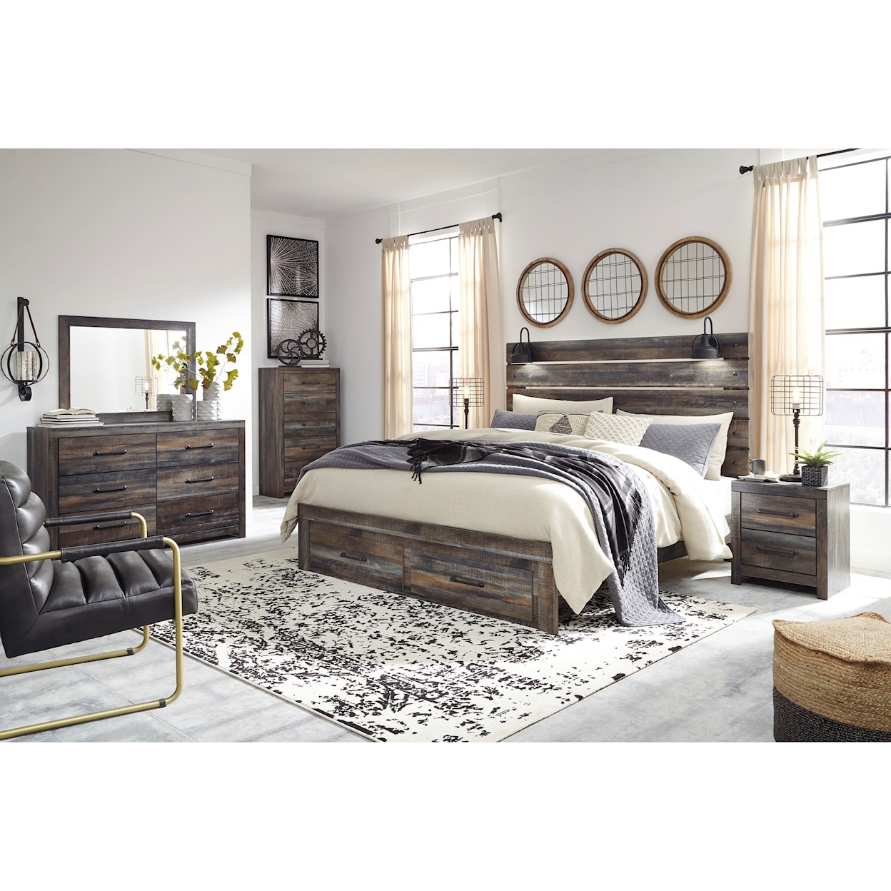 Signature Design by Ashley Drystan King Bed w/ Lights & Footboard Drawers