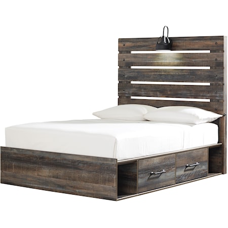 Rustic Full Storage Bed with 2 Drawers & Industrial Light