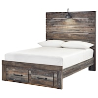 Rustic Full Panel Bed w/ Light & Footboard Drawers