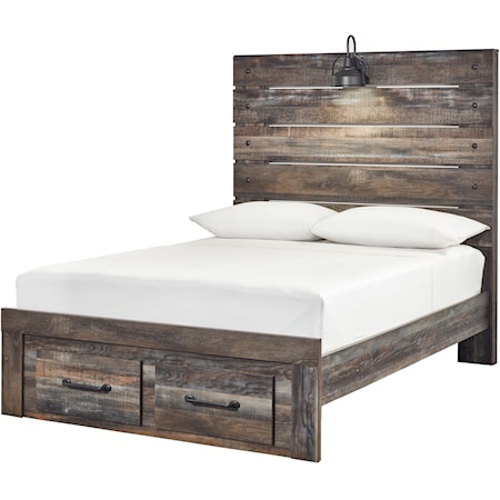 Rustic Full Panel Bed w/ Light & Footboard Drawers
