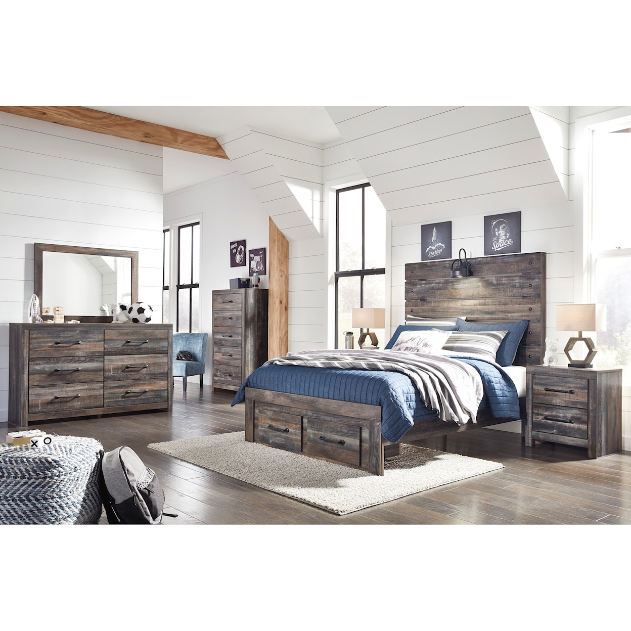 Ashley Furniture Signature Design Drystan Full Panel Bed w/ Light & Footboard Drawers