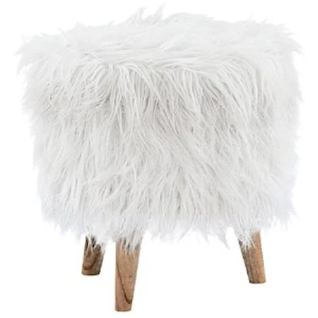 White Faux Fur Storage Ottoman with Tapered Wood Legs