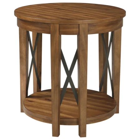 Round End Table with Acacia Veneer & Industrial Metal Accents