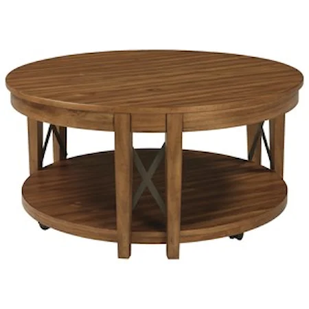 Acacia Veneer Round Cocktail Table with Casters & Industrial Metal Accents