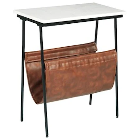 Black Metal Accent Table with White Marble Top and Brown Faux Leather Magazine Holder