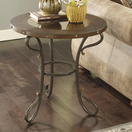 Round End Table with Inset Bronze Color Antique Mirror