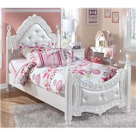 Twin Ornate Poster Bed with Tufted Headboard & Footboard