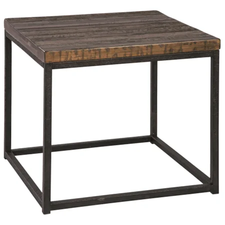 Modern Rustic Square End Table with Planked Pine Top & Box Frame Metal Base