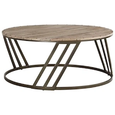 Relaxed Vintage Round Cocktail Table with Plank Top