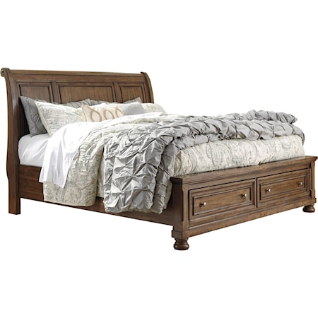 King Sleigh Storage Bed in Burnished Brown Finish