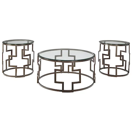 Contemporary Bronze Tone Metal Drum Style Occasional Table Set with Glass Tops