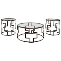 Contemporary Bronze Tone Metal Drum Style Occasional Table Set with Glass Tops