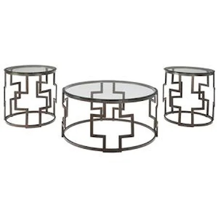 Contemporary Bronze Tone Metal Drum Style Occasional Table Set with Glass Tops