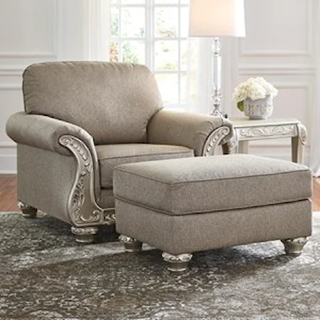 Chair & Ottoman with Silver Finish Ornate Details