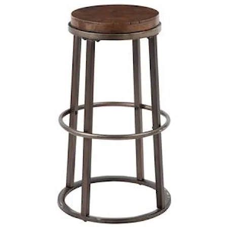 Modern Tall Stool with Glazed Brown Metal Base & Growth Ring Wood Seat